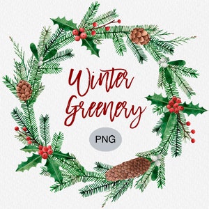 Watercolor Christmas Wreath Clipart: Hand Painted Winter PNG