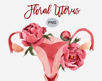 Floral Uterus Watercolor Clipart, Anatomy Art (Digital Download)