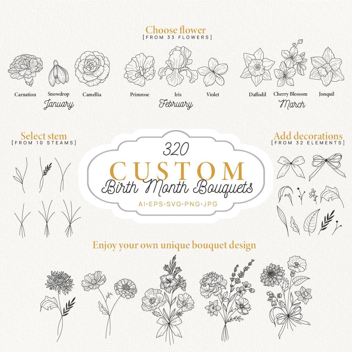Birth Month Svg Bundle, Custom Birth Flower, Flower Svg, Birth Month Flower Bouquet, Birth Flower Tattoo, Clipart, Birthday Flower Svg