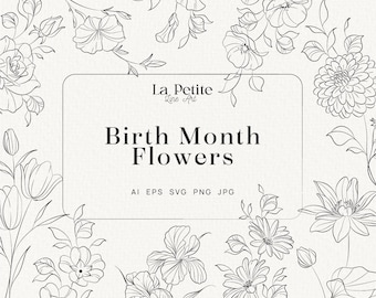 Birth Month Flowers, Birth Month Svg Bundle, Hand Drawn Vector Illustrations, Clipart, SVG, PNG, Botanical Art, Commercial Use