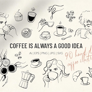 Coffee SVG Bundle, COFFEE, Hand-drawn Cafe Illustrations, Coffee Shop, Snack, Dessert, Png Clipart, Svg Clipart, Vector Clipart, Coffee Bean