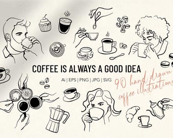 Coffee SVG Bundle, COFFEE, Hand-drawn Cafe Illustrations, Coffee Shop, Snack, Dessert, Png Clipart, Svg Clipart, Vector Clipart, Coffee Bean