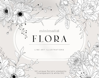 Floral Line Art Bundle, Botanical Line Art SVG, Clipart, Wedding Flowers, Hand Drawn Vector Flowers and Plants, Commercial Use