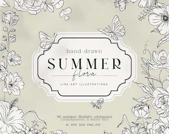 Hand-Drawn Summer Floral Line Art | Botanical Clipart | Wildflower PNG SVG | Minimal Flower Illustrations for Logos & Prints