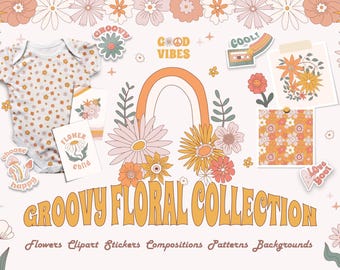May include: A collection of groovy floral clipart, stickers, compositions, patterns, and backgrounds. The designs feature a retro 70s aesthetic with flowers, rainbows, and text like "Groovy", "Good Vibes", and "Cool!"