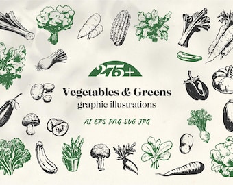 May include: A collection of 275+ hand-drawn vector illustrations of vegetables and greens. The illustrations are in black and white and include a variety of vegetables, such as carrots, onions, garlic, peppers, eggplant, mushrooms, and leafy greens.