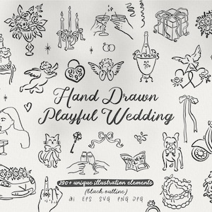 Wedding Clipart Bundle | Hand Drawn Wedding Illustrations | Bride and Groom, Cupid, Rings, Cake, Flowers, Invitation | PNG SVG