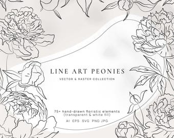 Minimalist Line Art Peonies, Floral Illustrations, Botanical Clipart, Peony SVG PNG JPG, Tattoo Design, Wall Art, Wedding & Logo Elements