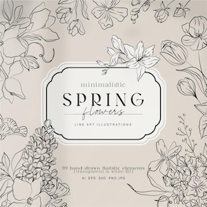 Minimalistic Spring Flowers Clipart – Botanical Line Art Illustrations, Floral SVG PNG Bundle, Hand Drawn Flower Elements for Logos, Decor