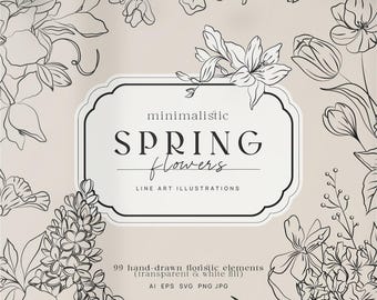 ミニマルな春の花のクリップアート - 植物の線画イラスト、花柄SVG PNGバンドル、ロゴや装飾用の手描きの花の要素