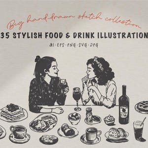 Linie Art Clipart, Handgezeichnete Illustration, Ess- und Getränkekarte, Gekritzel-Abendmenü, Frühlingshaftes Essen Getränk Clipart, Hochzeit Doodle Illustrationen