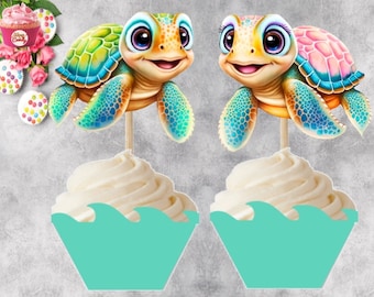 Ocean Sea Trutle Cupcake Wrapper & Topper   Printable Download 0195