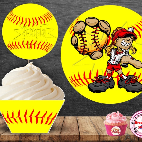 Softball Yellow Cupcake Wrapper & Topper Instant Digital Download 7000
