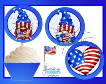 4th July  Gnomes Cupcake Wrappers & Toppers 1619