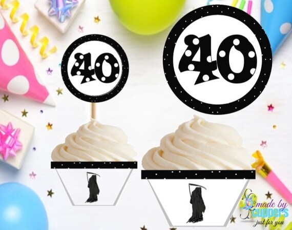 Grim Reaper 40th Birthday Cupcake Wrapper &amp; Topper Set 0700 - Etsy