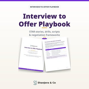 May include: The Interview to Offer Playbook by Shanjora & Co is a document featuring STAR stories, drills, scripts, and negotiation frameworks. The cover and an open page display text in purple and black, outlining interview strategies and steps.