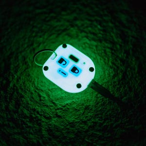 Peut inclure: Un étui de porte-clés carré aux coins arrondis qui brille dans le noir avec une lumière verte vive. L'étui présente des icônes noires représentant une tasse de café, un cadenas et un symbole d'information, ainsi qu'un anneau métallique.