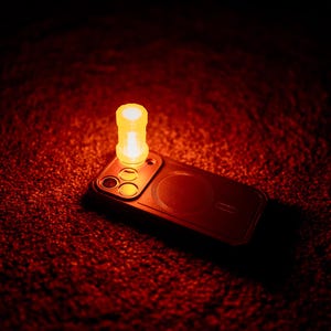 May include: A glowing orange light sits atop a dark phone case, casting a warm glow in a dimly lit environment. The phone case has a circular design on the back. The background is a textured, reddish-brown surface.