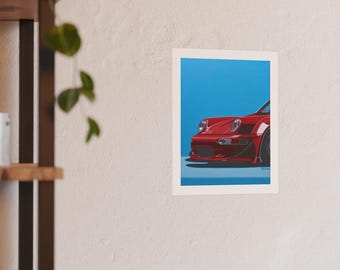 Hand-Painted Vintage Porsche 911 Print | Cherry Red & Bright Blue Classic Car Art | Original Automotive Painting | Gift for Porsche Lover
