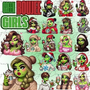 May include: Digital artwork showcasing several green-skinned characters, reminiscent of the Grinch, in diverse outfits, holding drinks. The image includes the text "Green Boujee Girls."