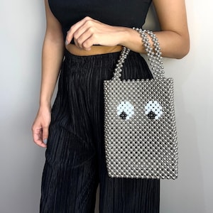 Silver Side Eyes Beaded Design Handbags for Women, Handmade Aesthetic Hand Bag, Beaded Cool Bag, Beaded Everyday Bag, Hand Beaded Bags