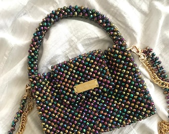 Handmade Crystal Beaded Handbag: Luxury Evening Bag with Chain