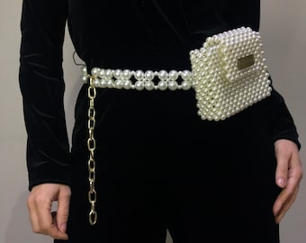 Beaded White Women's Waist Bag, Luxury Pearl Beaded Bag, Ladies Crossbody Bag, Designer Beaded Bag, Aesthetic Mini Waist Bag, Pearl Belt