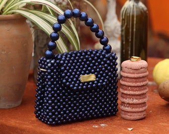 Handmade Pearl Beaded Bag: Navy Bridal Handbag