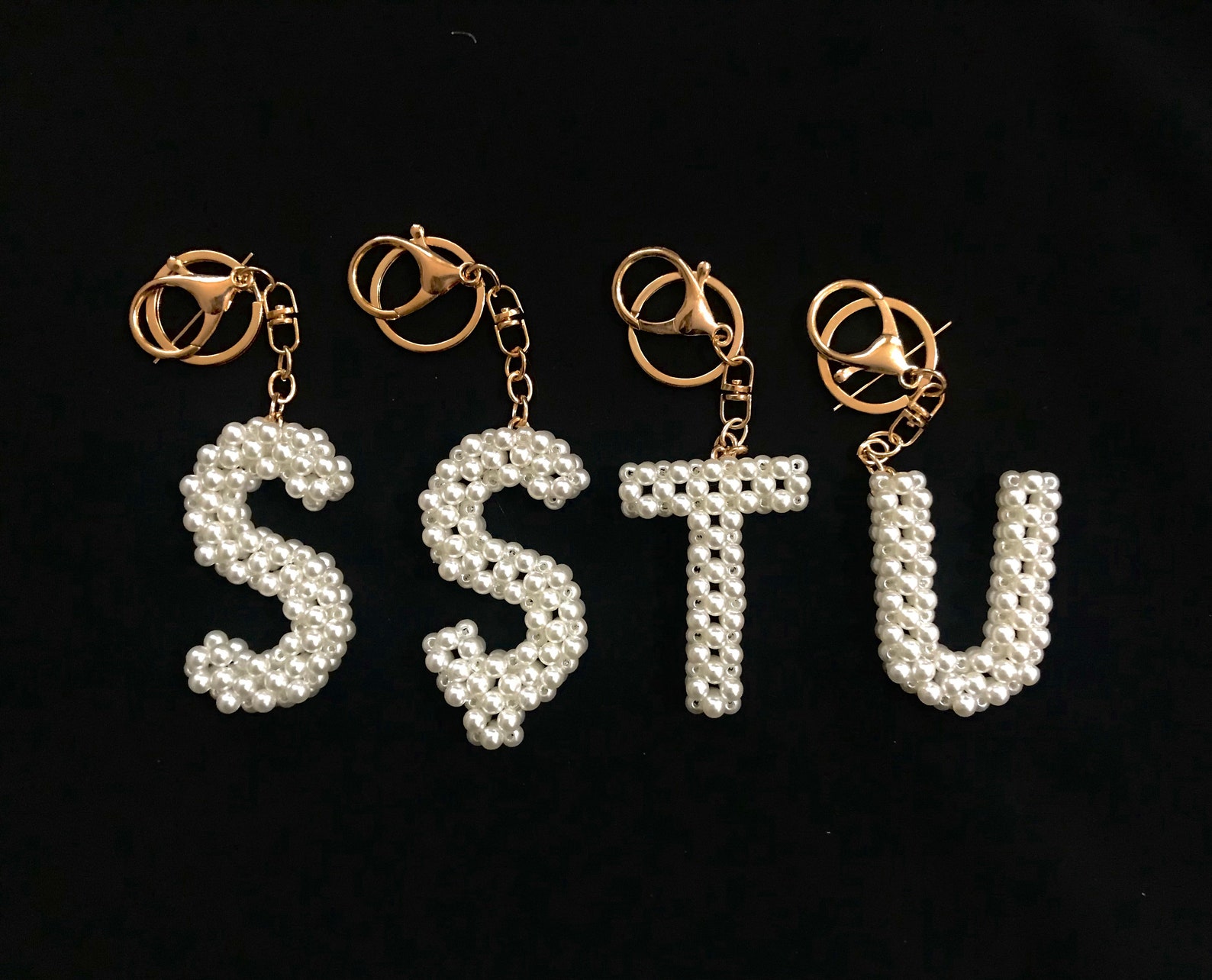 Personalized White Pearl Beaded Keychain, Custom Letter Keychain