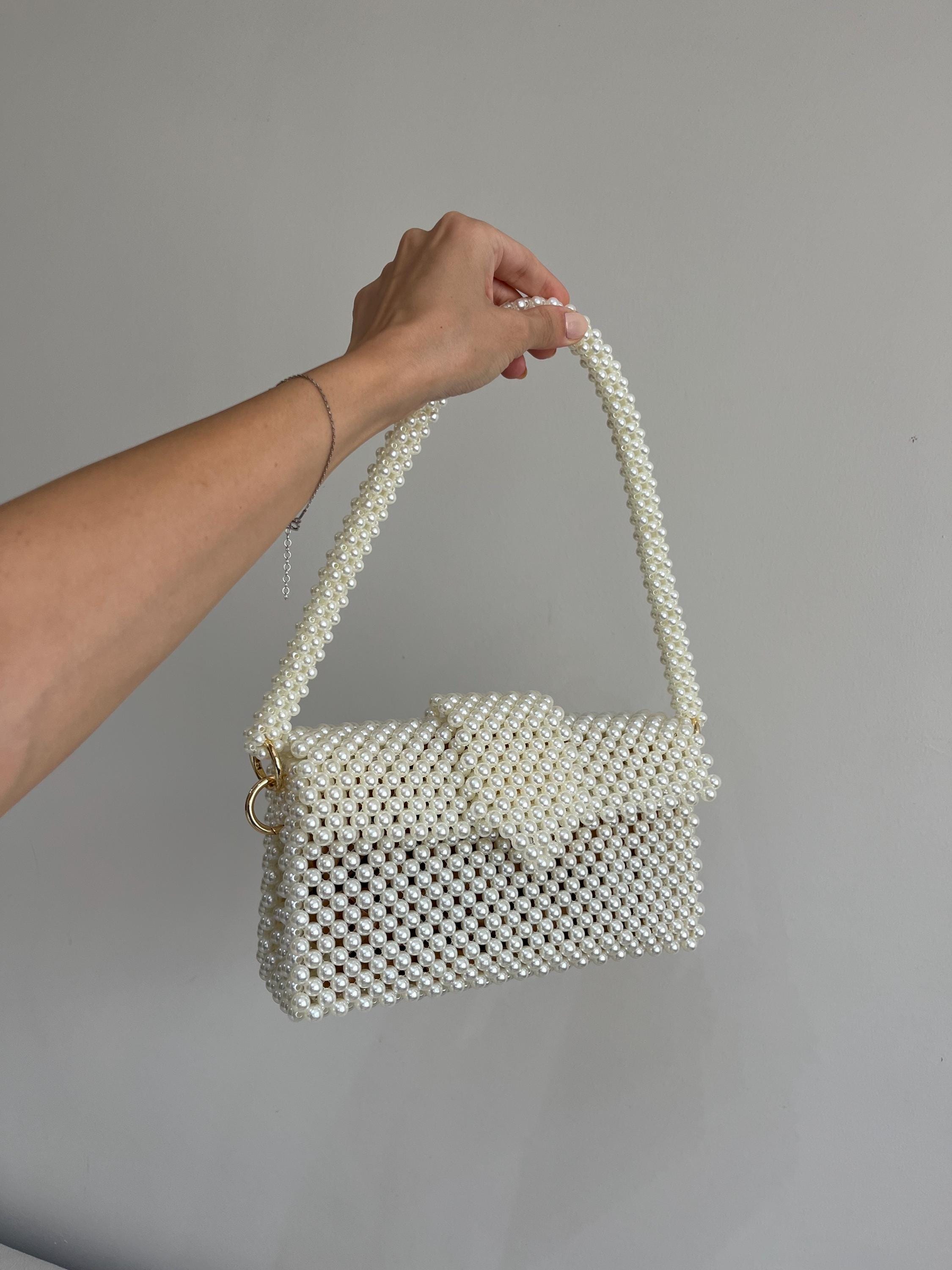 Borsa di perle con perline fatta a mano, pochette avorio