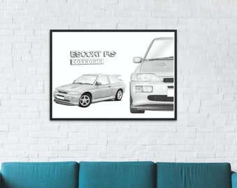 Ford Escort Cosworth Multi-Image Montage Hand Drawn Print | Ford Escort | Ford Cosworth | Car Gift | Car Wall Art | Garage Prints | Ford |