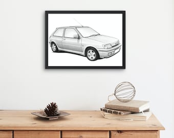 Ford Fiesta Mk3 XR2i Hand Drawn Print | Fiesta XR2i  | Sketch | Car Gift | Car Wall Art | Garage Prints | Ford Art | Artist |