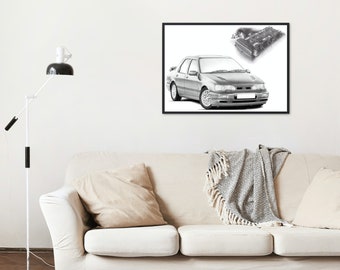 Cosworth Sapphire Hand Drawn Print |  Ford | Sketch | Car Gift | Car Wall Art | Garage Prints | Rally Art | Artist |