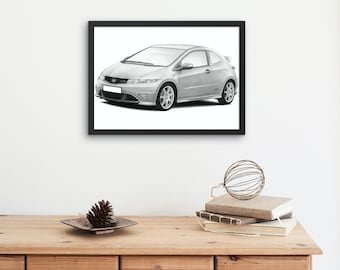 Honda Civic Type 4 FN2 Hand Drawn Print |  Honda Civic | Sketch | Car Gift | Car Wall Art | Garage Prints | Rally Art | Artist |