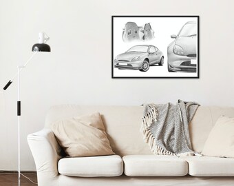 Racing Puma Hand Drawn Print |  Ford | Sketch | Car Gift | Car Wall Art | Garage Prints | Rally Art | Artist |