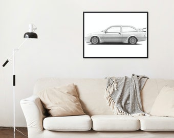 Sierra RS500 Side View Hand Drawn Print |  Ford | Sketch | Car Gift | Car Wall Art | Garage Prints | Rally Art | Artist |