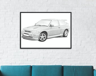 Ford Escort Cosworth Front Hand Drawn Print | Ford Escort | Ford Cosworth | Car Gift | Car Wall Art | Garage Prints | Ford |