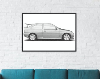 Ford Escort Side View Hand Drawn Print | Ford Escort | Sketch | Car Gift | Car Wall Art | Garage Prints | Ford Art | Artist |