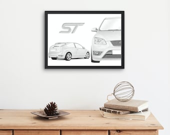 Ford Focus ST Hand Drawn Print | Focus ST  | Sketch | Car Gift | Car Wall Art | Garage Prints | Ford Art | Artist |