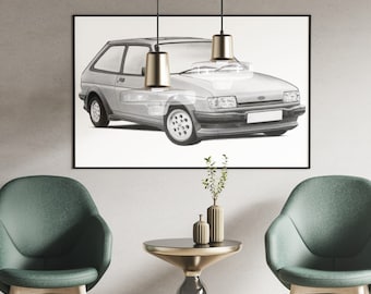 Ford Fiesta Mk2 XR2 Hand Drawn Print | Fiesta XR2  | Sketch | Car Gift | Car Wall Art | Garage Prints | Ford Art | Artist |
