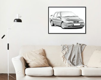 Sierra Sapphire Cosworth Front View Hand Drawn Print |  Ford | Sketch | Car Gift | Car Wall Art | Garage Prints | Rally Art | Artist |