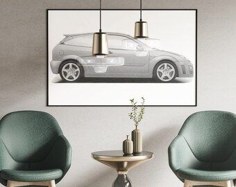 Ford Focus RS MK1 Side View Hand Drawn Print | Focus RS  | Sketch | Car Gift | Car Wall Art | Garage Prints | Ford Art | Artist |