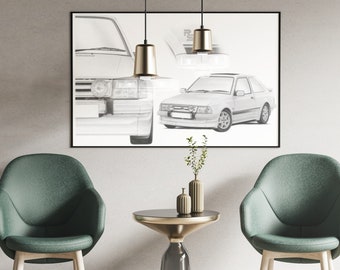 Ford Escort RS Turbo S1 Montage Hand Drawn Print | Escort RS  | Sketch | Car Gift | Car Wall Art | Garage Prints | Ford Art | Artist |