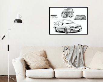 Sierra RS500 Cosworth  Montage Hand Drawn Print |  Ford | Sketch | Car Gift | Car Wall Art | Garage Prints | Rally Art | Artist |