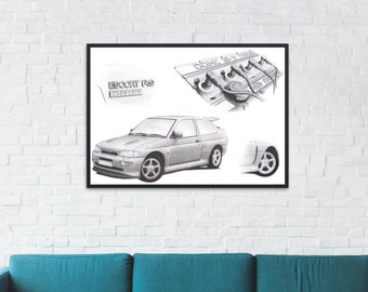 Ford Escort Cosworth Multi-Image Montage Hand Drawn Print | Ford Escort | Ford Cosworth | Car Gift | Car Wall Art | Garage Prints | Ford |