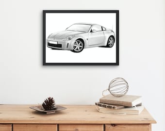 Nissan 350Z Hand Drawn Print |  Nissan | Sketch | Car Gift | Car Wall Art | Garage Prints | Rally Art | Artist |