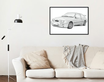 Sierra Cosworth Front View Hand Drawn Print |  Ford | Sketch | Car Gift | Car Wall Art | Garage Prints | Rally Art | Artist |