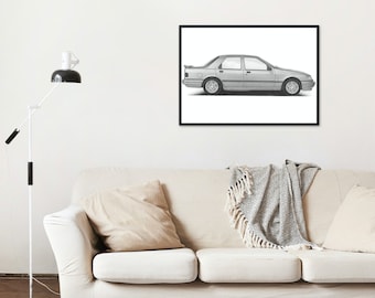 Sierra Sapphire Cosworth Side View Hand Drawn Print |  Ford | Sketch | Car Gift | Car Wall Art | Garage Prints | Rally Art | Artist |