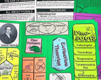 Plantilla de Lapbook de dinosaurios Pasajes de lectura de dinosaurios Póster de dinosaurios Unidad de dinosaurios de educación en casa Extinción de fósiles Libro de vueltas imprimible para escuelas en casa