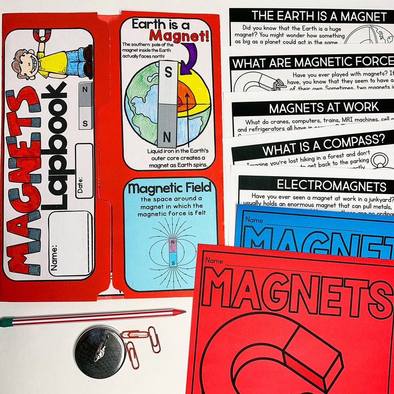May include: A red and white lapbook with the title "Magnets" and several colourful pages about magnets. The pages include information about the Earth's magnetic field, magnetic forces, and how magnets work. There are also several blank pages for students to fill in their own information.